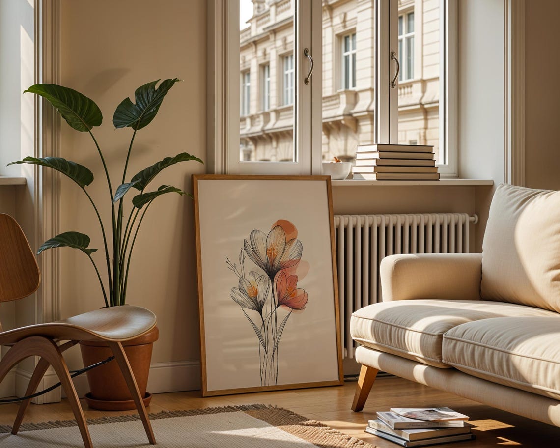 Minimalist Floral Line Art with Soft Watercolor Bloom Wash Poster - Image 3