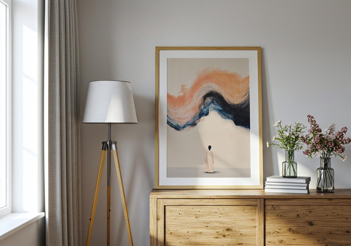 Minimalist Dreamscape Figure Before Peach Wave Quiet Contemplative Wall Art - Image 3