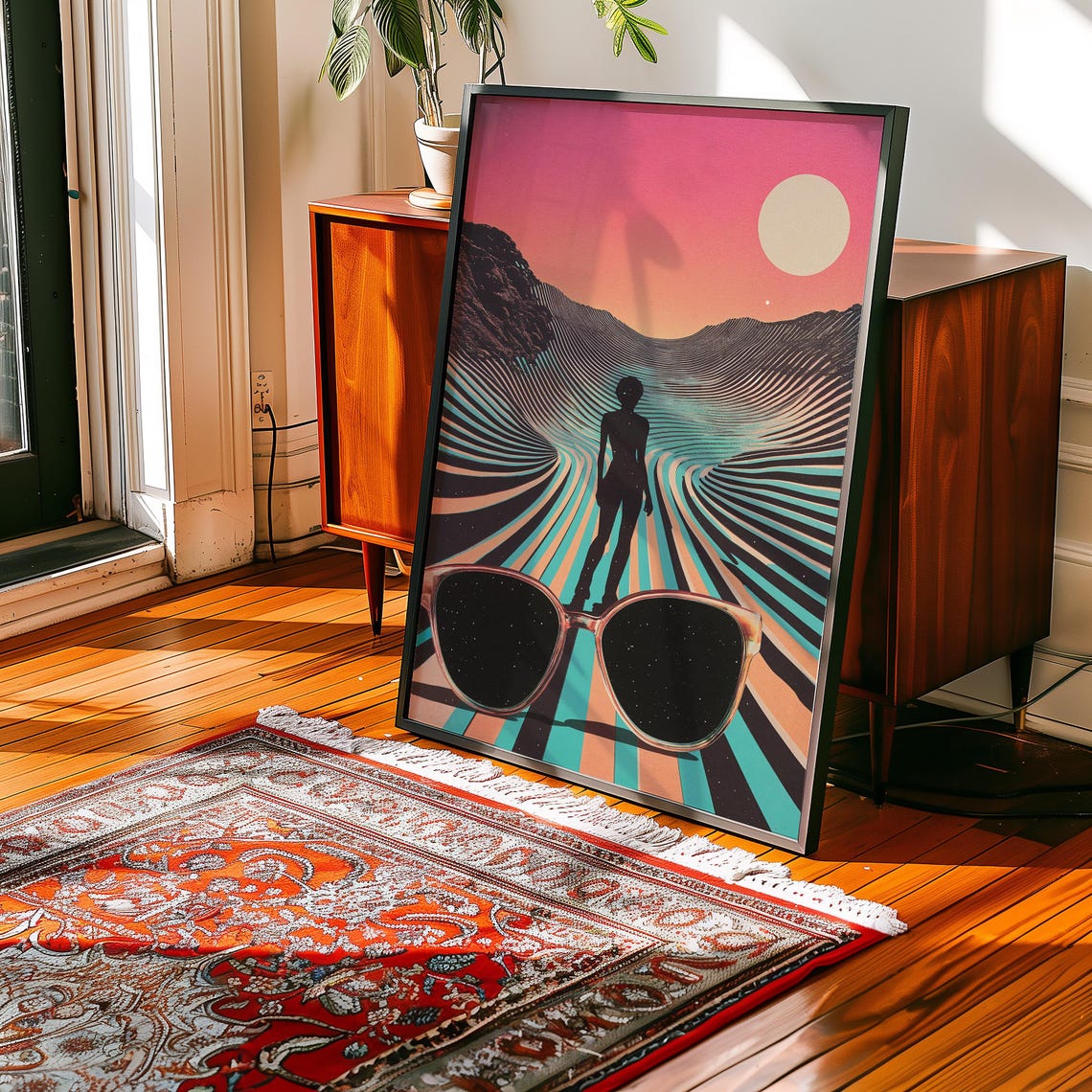 Retro Desert Mirage Sunglasses Silhouette Striped Sunset Road Poster - Image 2