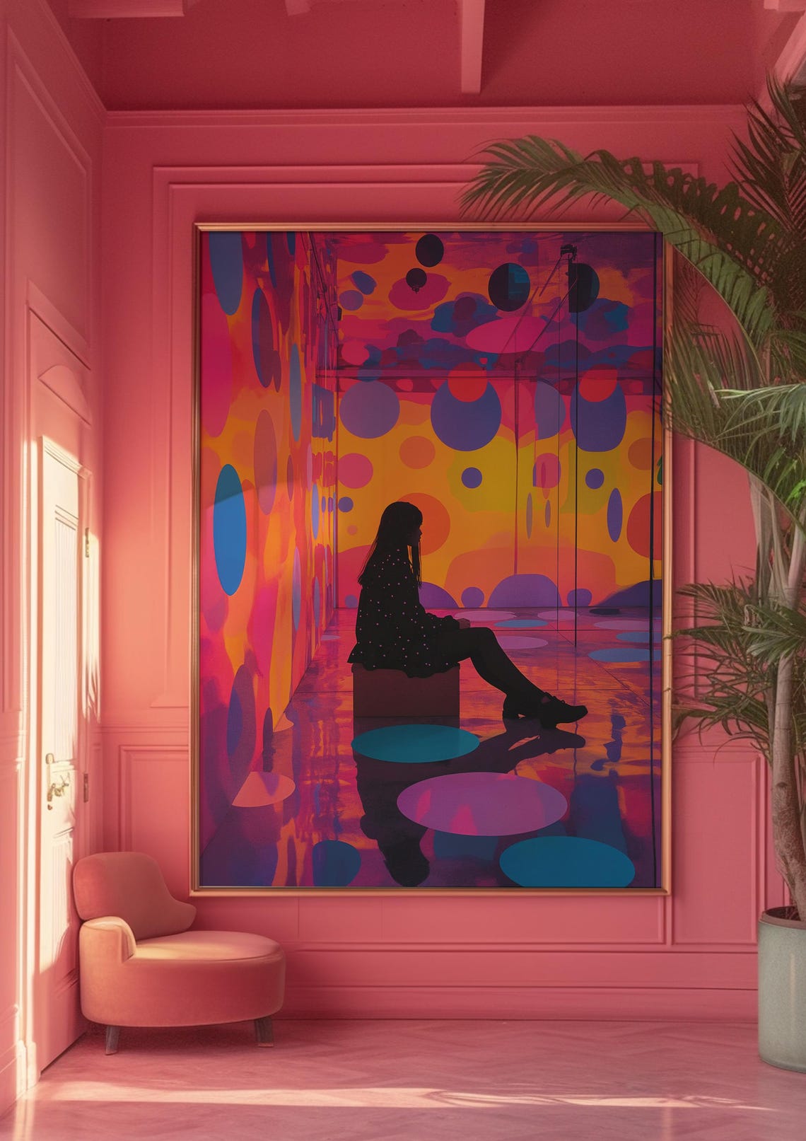 Neon Polka Dot Infinity Room Art Poster Woman Silhouette Mirror - Image 5