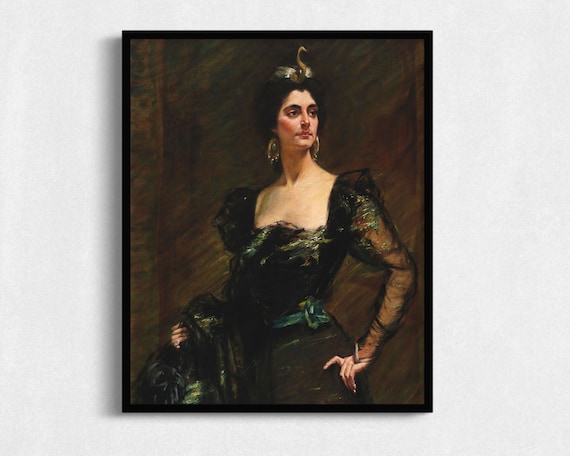 Victorian Woman Crescent Tiara Emerald Gown Elegant Portrait Art Poster