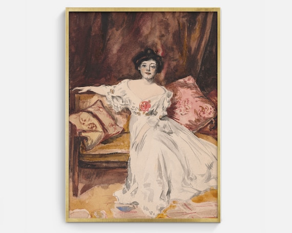 Victorian Watercolor Portrait Woman White Gown Reclining Chaise Lounge Art Print