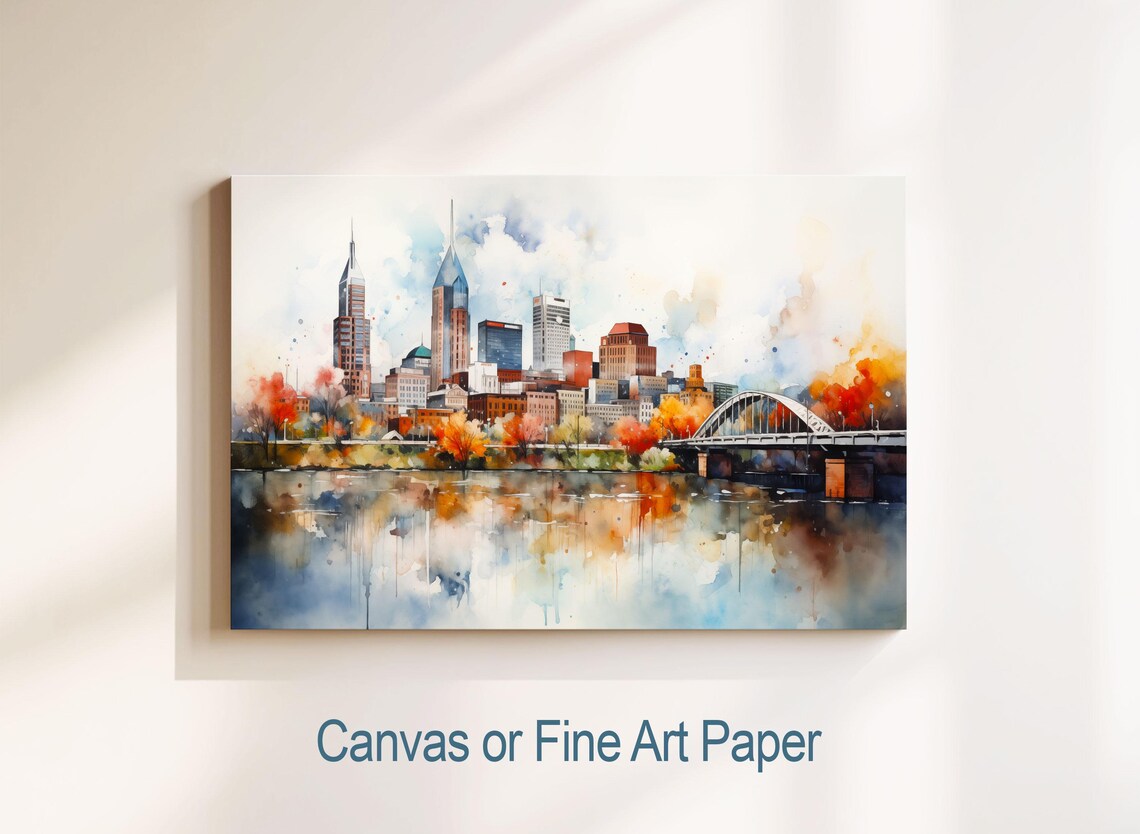Nashville Tennessee Autumn River Skyline Watercolor Art Poster