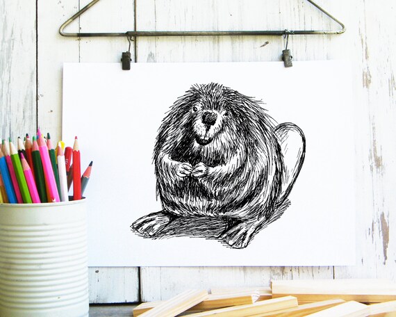 Cute Beaver Ink Sketch Kids Room Nursery Animal Wall Decor Poster