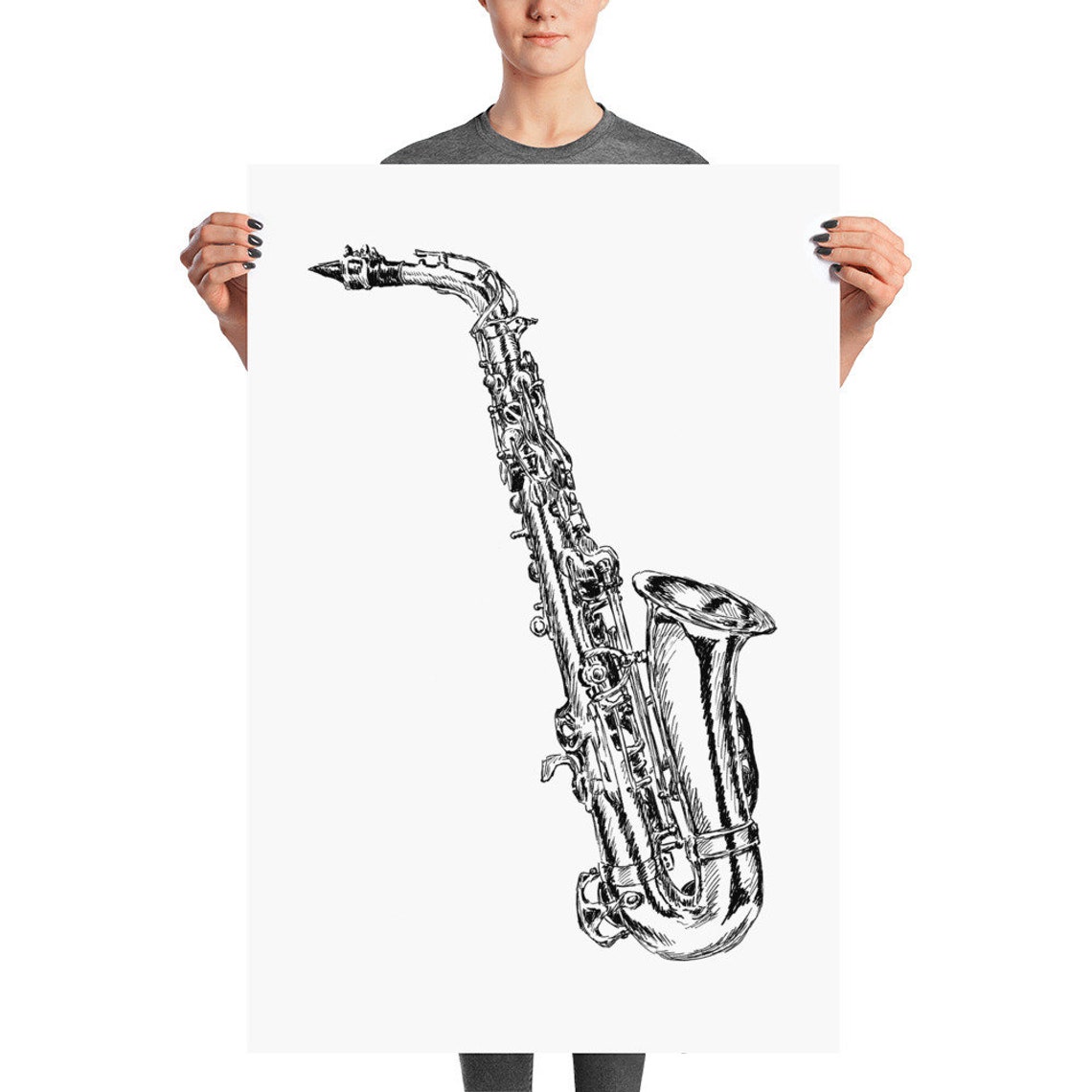 Saxophone Black And White Ink Sketch Jazz Instrument Minimalist Poster - Image 3
