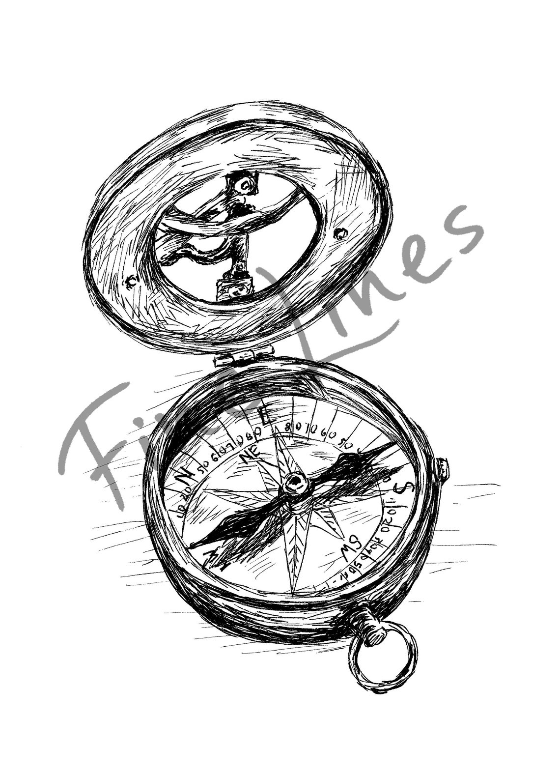 Antique Pocket Compass Open Lid Ink Sketch Adventure Wall Art - Image 2