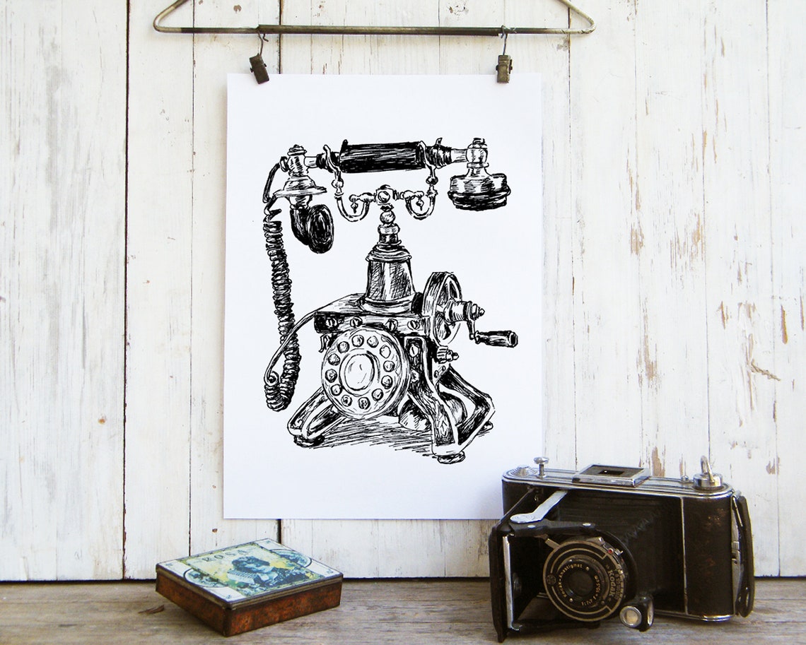 Vintage Rotary Telephone Black and White Sketch Style Wall Art - Image 3