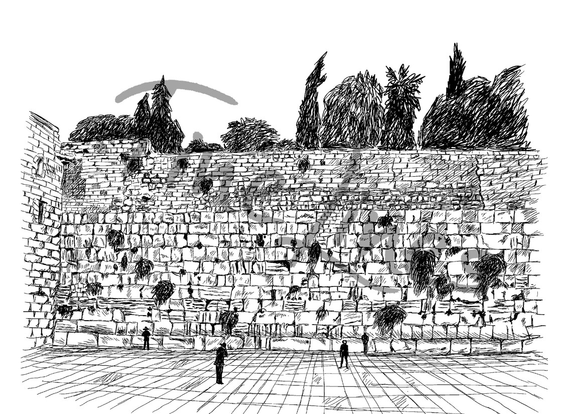 Wailing Wall Judaica Jewish Sketch Art Print - Image 2