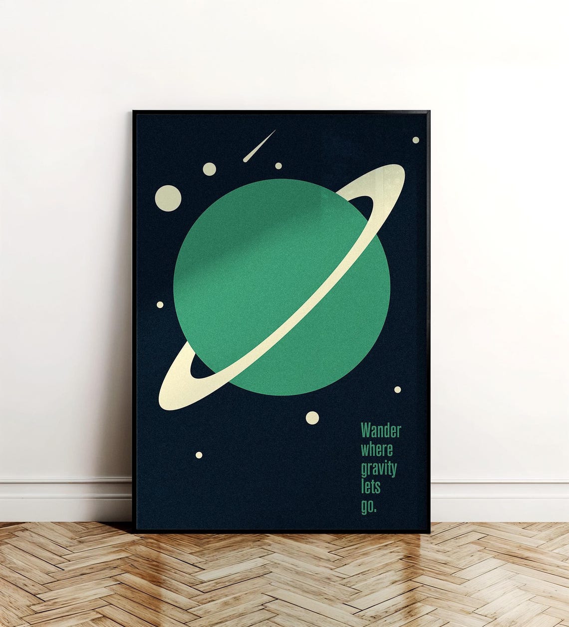 Minimalist Green Saturn Space Art Wander Gravity Quote Poster