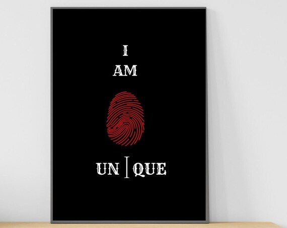 I Am Unique Print Wall Art Inspirational Quote Self Affirmation Finger