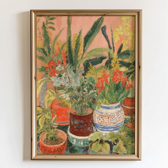 Vibrant Potted Plant Art Print Postimpressionist Botanical Still Life Maximalist Floral Wall Houseplant Painting