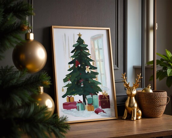 Christmas Tree Gold Star Window Holiday Painting Decor Poster