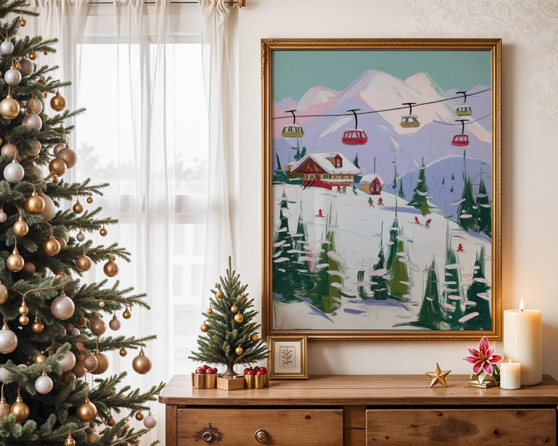 Ski Resort Gondolas Mountain Lodge Skiers Winter Scene Poster