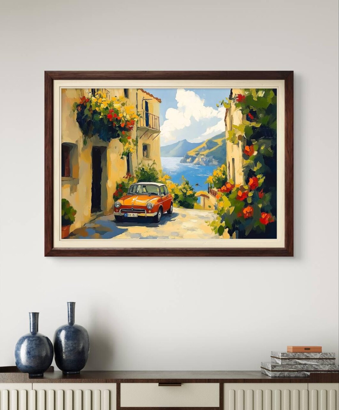 Vintage Fiat 500 Amalfi Coast Italian Village Seaside Painting Poster