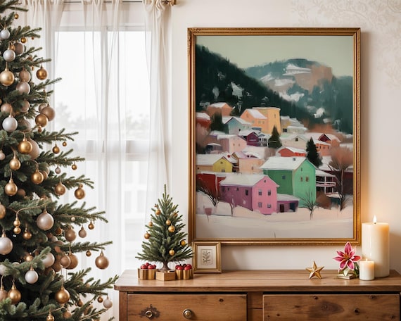 Charming Pastel Snowy Hillside Village Winter Wonderland Poster