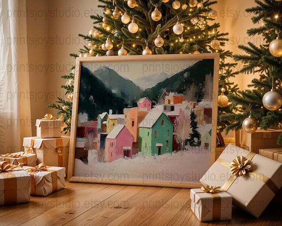 Colorful Winter Village Snow Mountain Houses Cozy Christmas Wall Art
