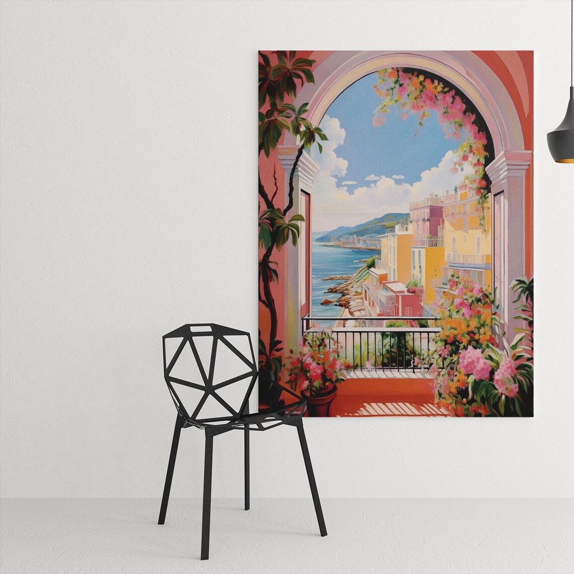 Mediterranean Balcony Overlooking Ocean Vibrant Coastal Poster