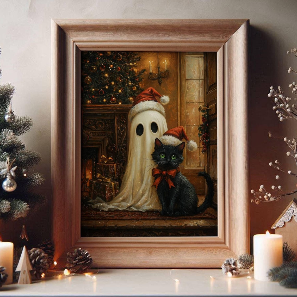 Ghost and Black Cat in Santa Hats by the Christmas Tree Poster