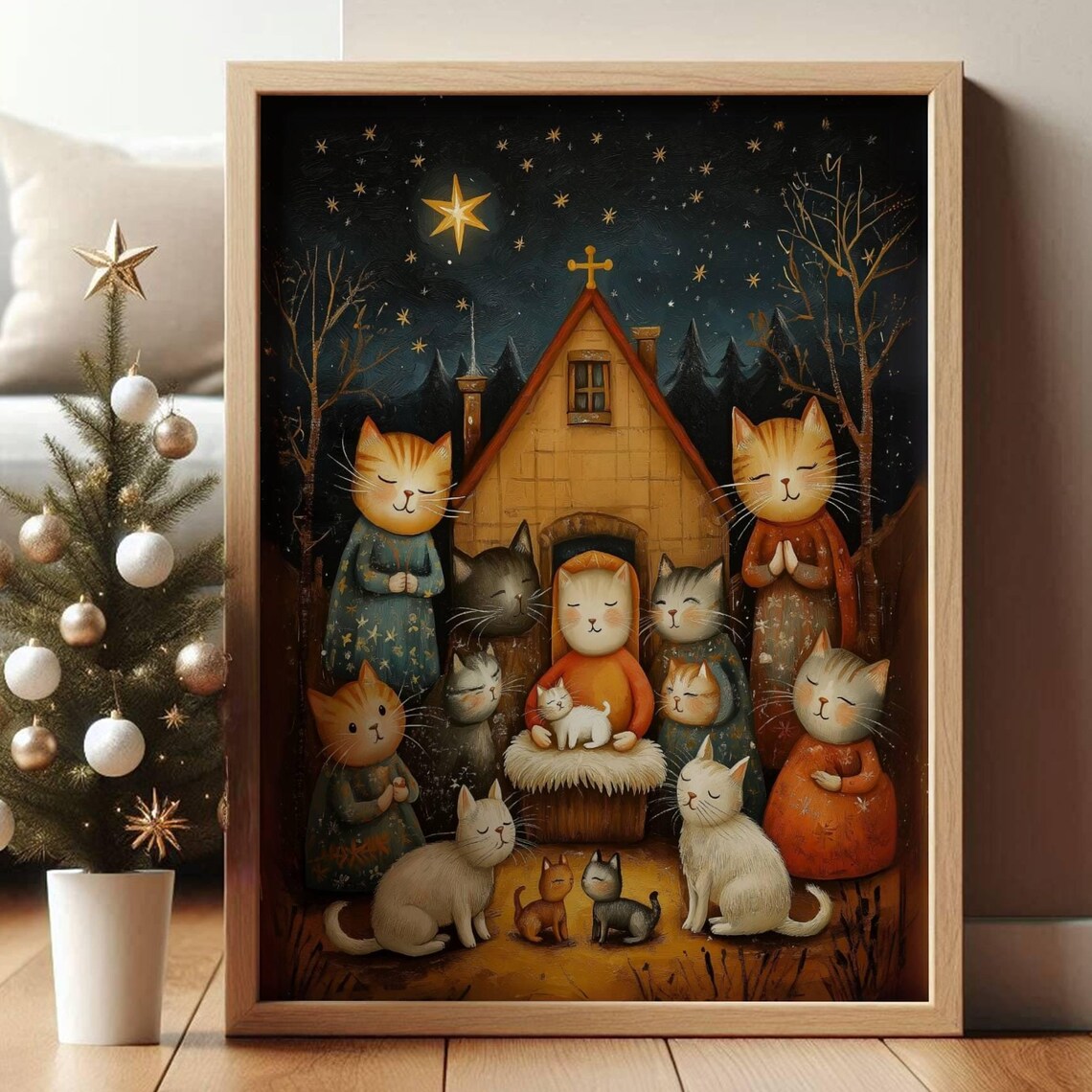 Folk Art Cat Nativity Scene Christmas Poster