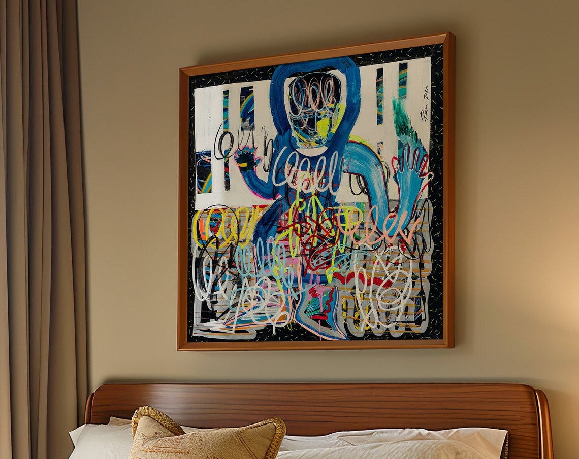 Blue Figure with Colorful Scribbles Framed Modern Abstract Poster - Image 4