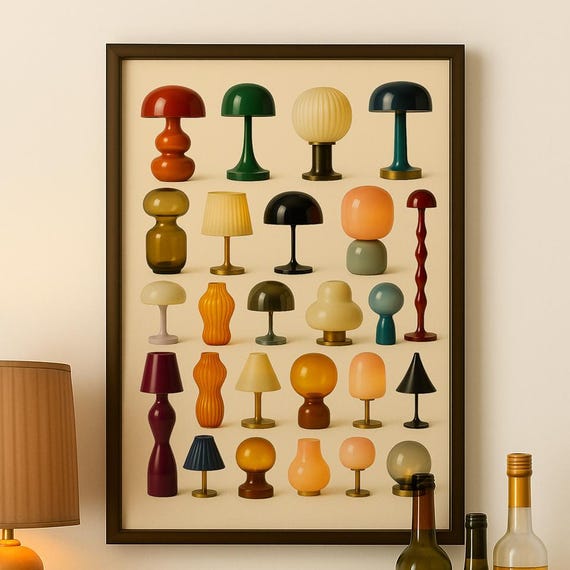 Retro Table Lamp Illustration Print Midcentury Modern Art Colorful Wall Vintage Lighting Decor Poster