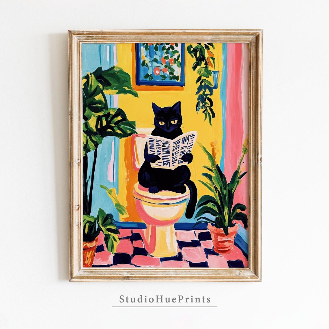 Black Cat Reading Newspaper on Toilet Dopamine Bathroom Decor Poster - Image 2