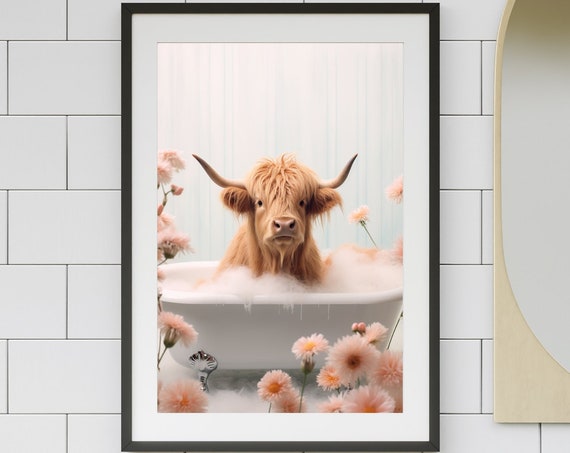 Highland Cow In Tub Bathroom Art Print