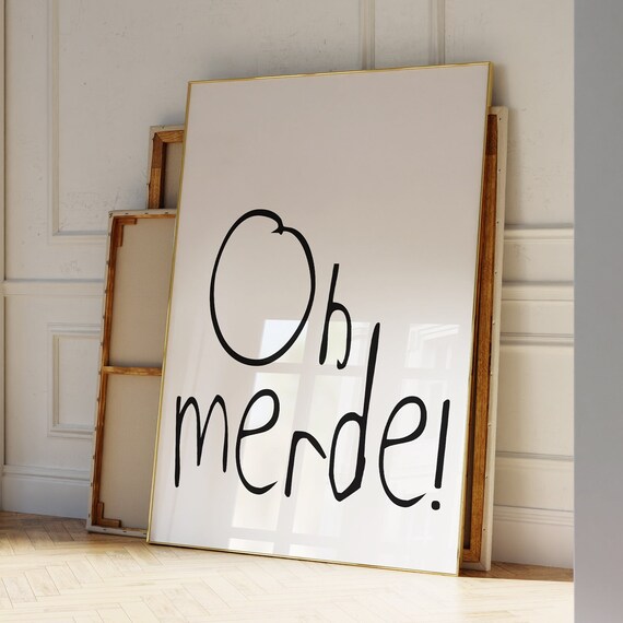 Oh Merde Wall Art Typography Poster Minimalist Print Trendy Aesthetic Room Decor Retro Style Wall Art Modern Apartment Decor