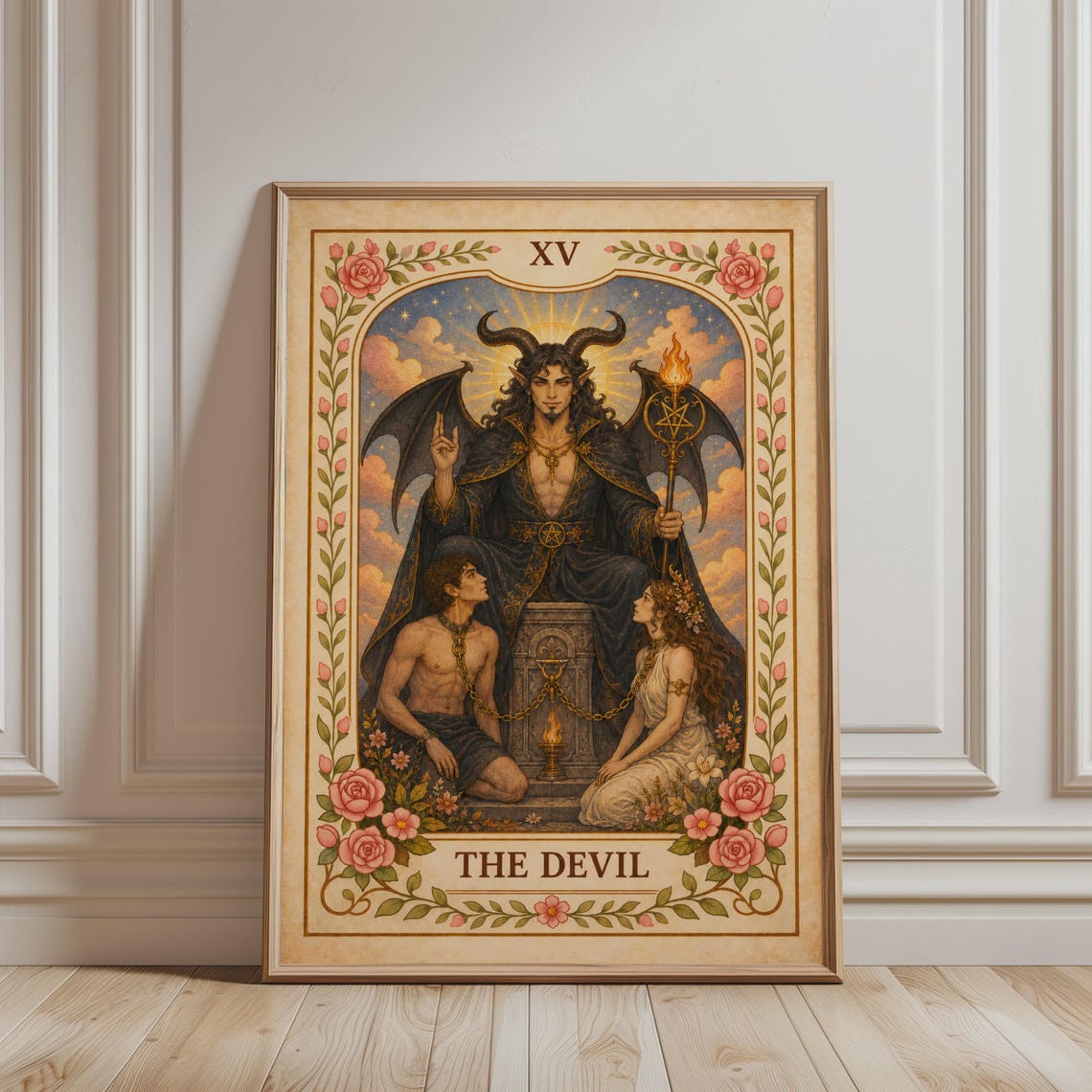 The Devil Tarot Card Print Floral Boho Mystic Horned King Decor