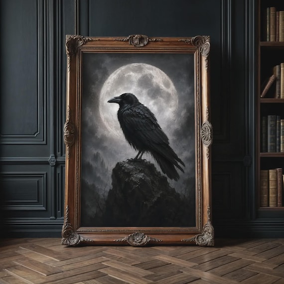 Gothic Wall Art Raven In Front Of The Moon Print Dark Fantasy Artwork Mystic Bird Animal Poster For Academia Home Decor