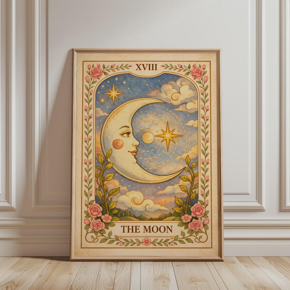 Moon Tarot Card Boho Floral Starry Night Print