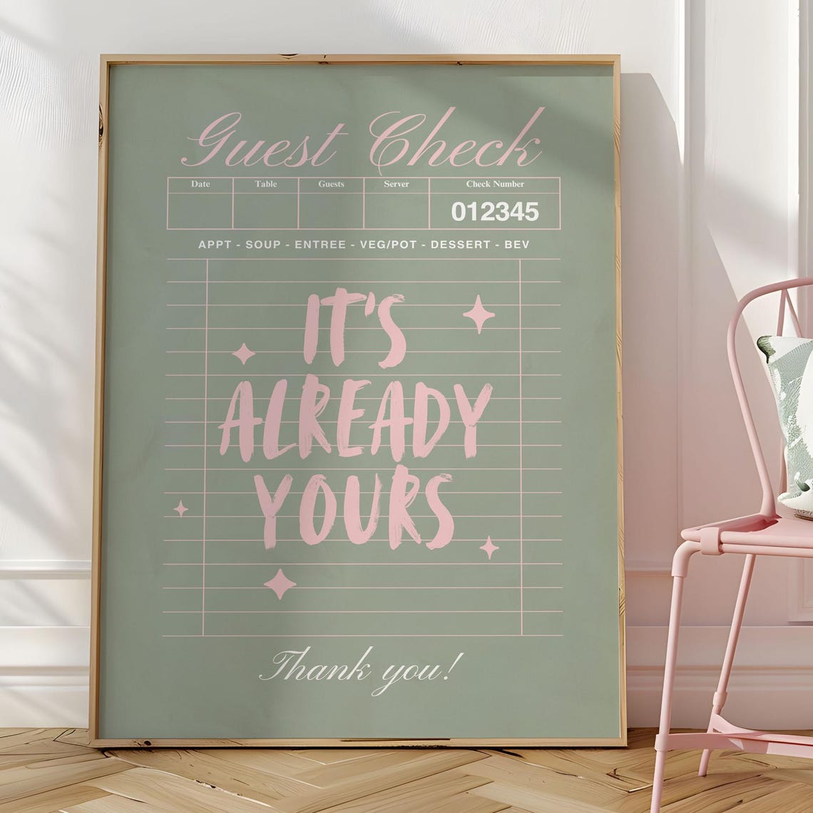 Its Already Yours Guest Check Print Retro Dinerinspired Affirmation Poster Sage Pink Wall Art Positive Quote Dorm Decor