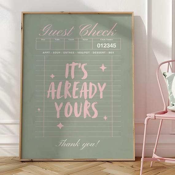 Its Already Yours Guest Check Print Retro Dinerinspired Affirmation Poster Sage Pink Wall Art Positive Quote Dorm Decor