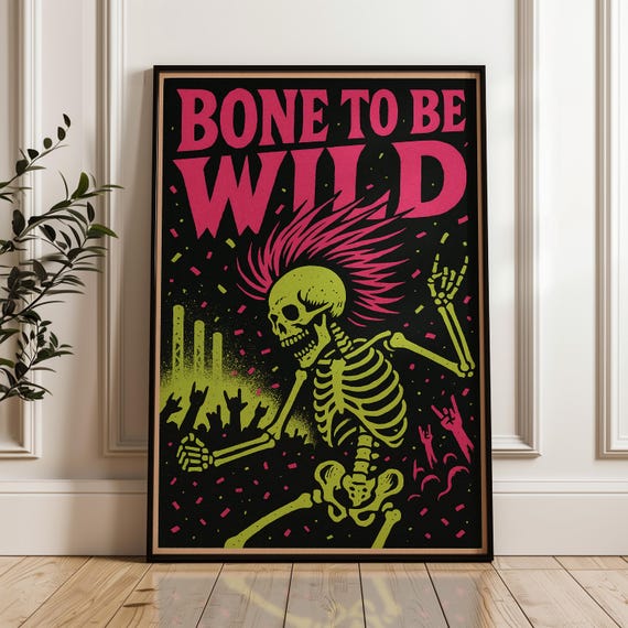 Neon Skeleton Punk Rock Poster Funny Halloween Concert Art