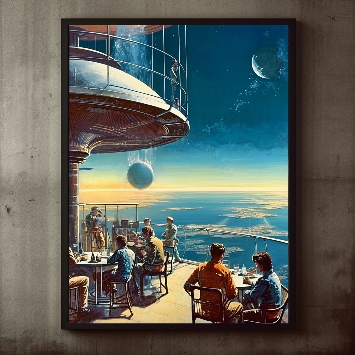 Retro Futurism Space Terrace Dinner Above Earth Orbit Moon Poster
