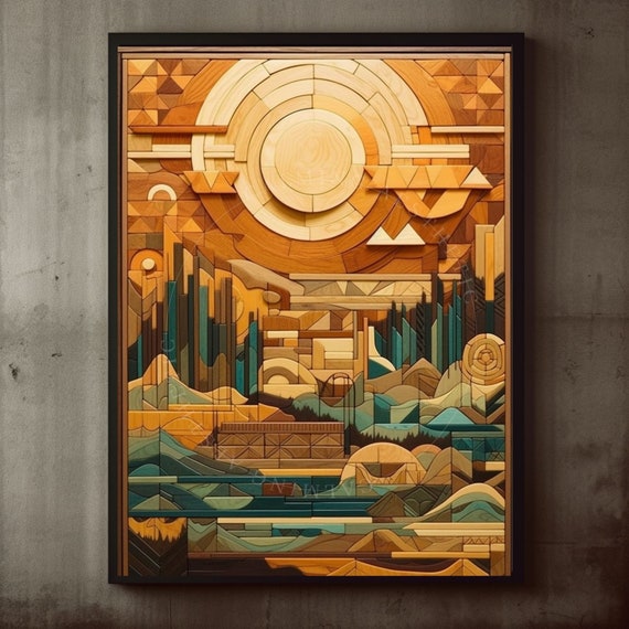 Poster Abstract Wood Style Maya Sun Nature Wall Art Print Large Mountain Landscape Boho Bohemian Decor 3d