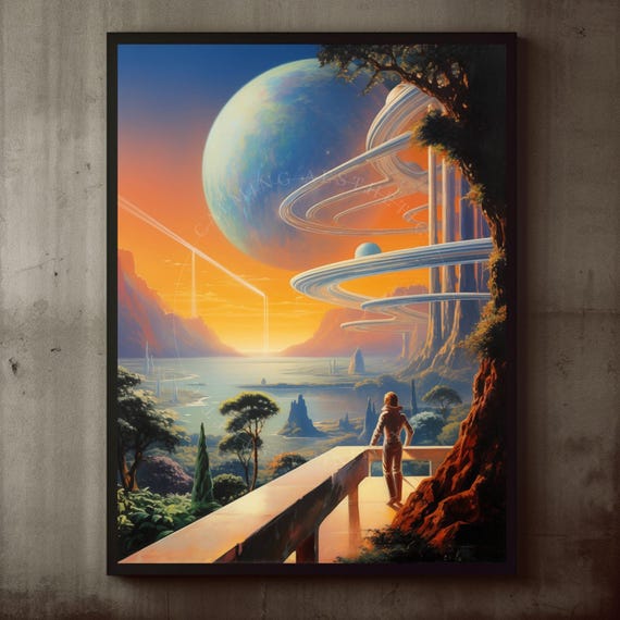 Poster Retro Futuristic Woman Scifi Terrace Sunset Wall Art Print Space Landscape Cosmic Midcentury Modern Decor Vintage