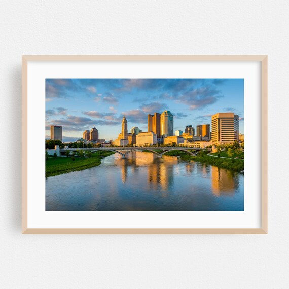 Columbus Ohio Skyline Sunset River Bridge Cityscape Photo Poster