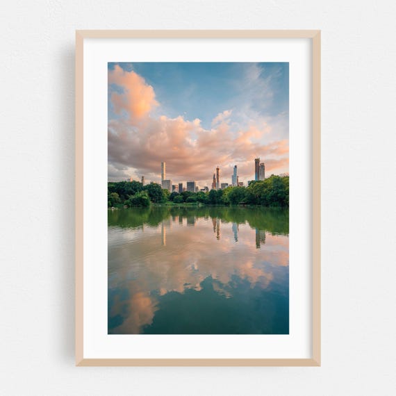 Manhattan Skyline Reflection Over Central Park Lake At Sunset Poster
