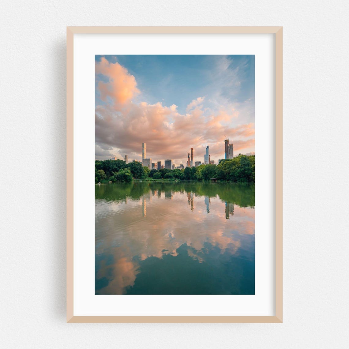 Manhattan Skyline Reflection Over Central Park Lake At Sunset Poster