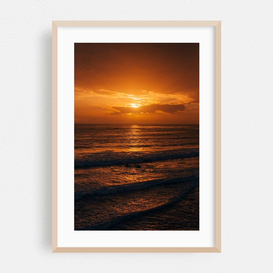 Fiery Orange Sunset Over Rolling Ocean Waves Golden Hour Poster