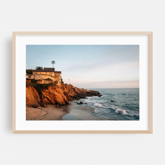 Laguna Beach Cliffside House Sunset Ocean Waves Coastal Poster