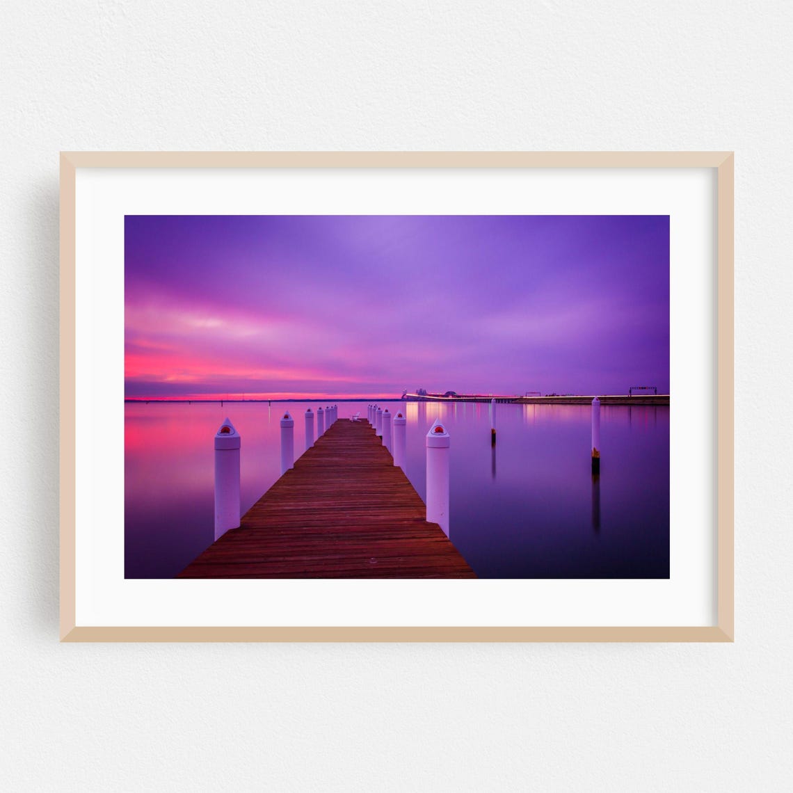 Maryland Boardwalk Sunset Over Calm Water In Pink And Violet Poster