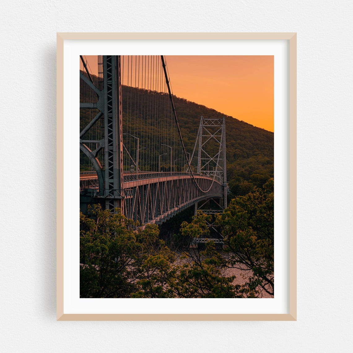 Hudson River Suspension Bridge At Sunset New York Landscape Poster