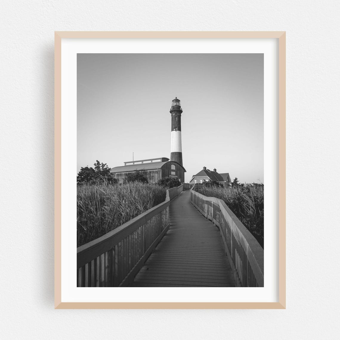 Fire Island Lighthouse Boardwalk Black White Coastal Art Poster