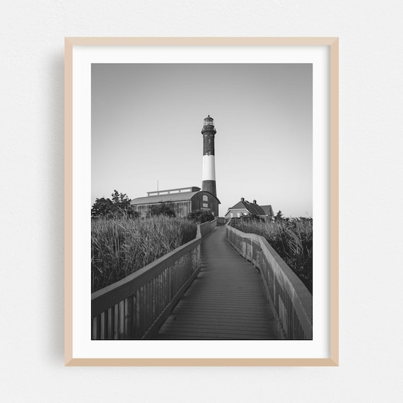 Fire Island Lighthouse Boardwalk Black White Coastal Art Poster