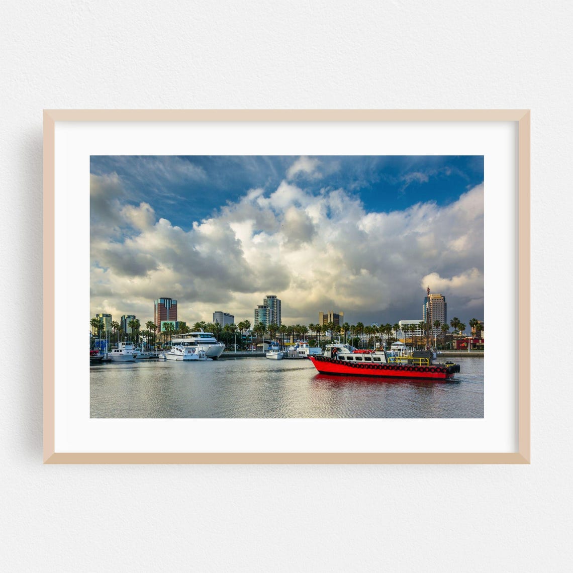 Long Beach California Harbor Red Boat Skyline Photography Print