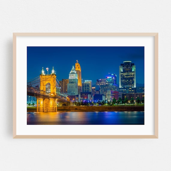 Cincinnati Ohio Night Skyline Roebling Bridge Photography Poster