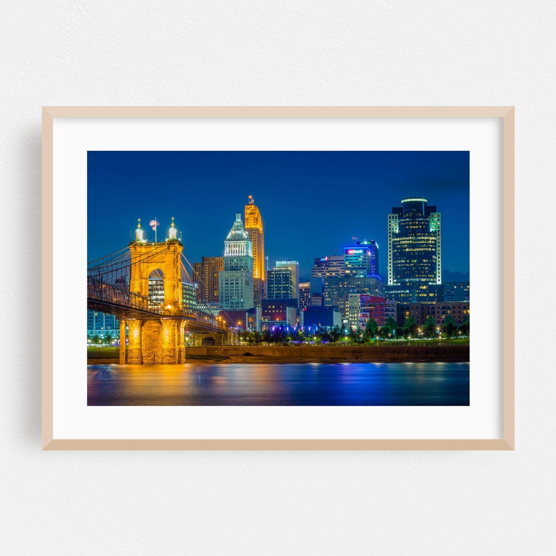Cincinnati Ohio Night Skyline Roebling Bridge Photography Poster
