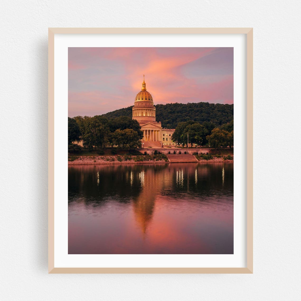 West Virginia State Capitol At Sunset Reflecting On The River Poster